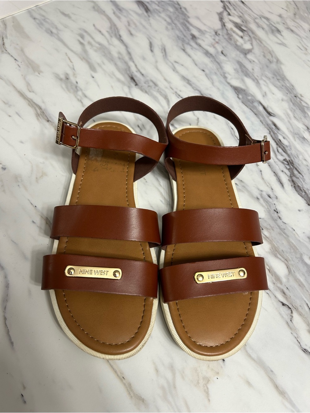 Nine West Tan Brown Leather Triple-Strap Buckle Sandals